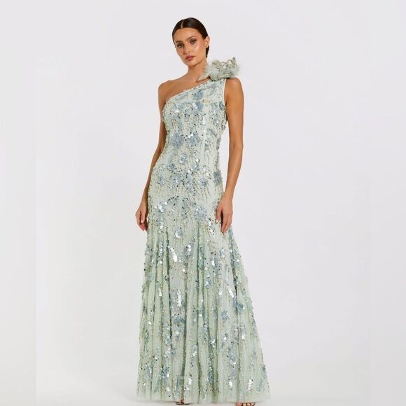 MAC DUGGAL 94151 Green Embellished One Shoulder Trumpet Gown with Flower - Picture 2 of 13